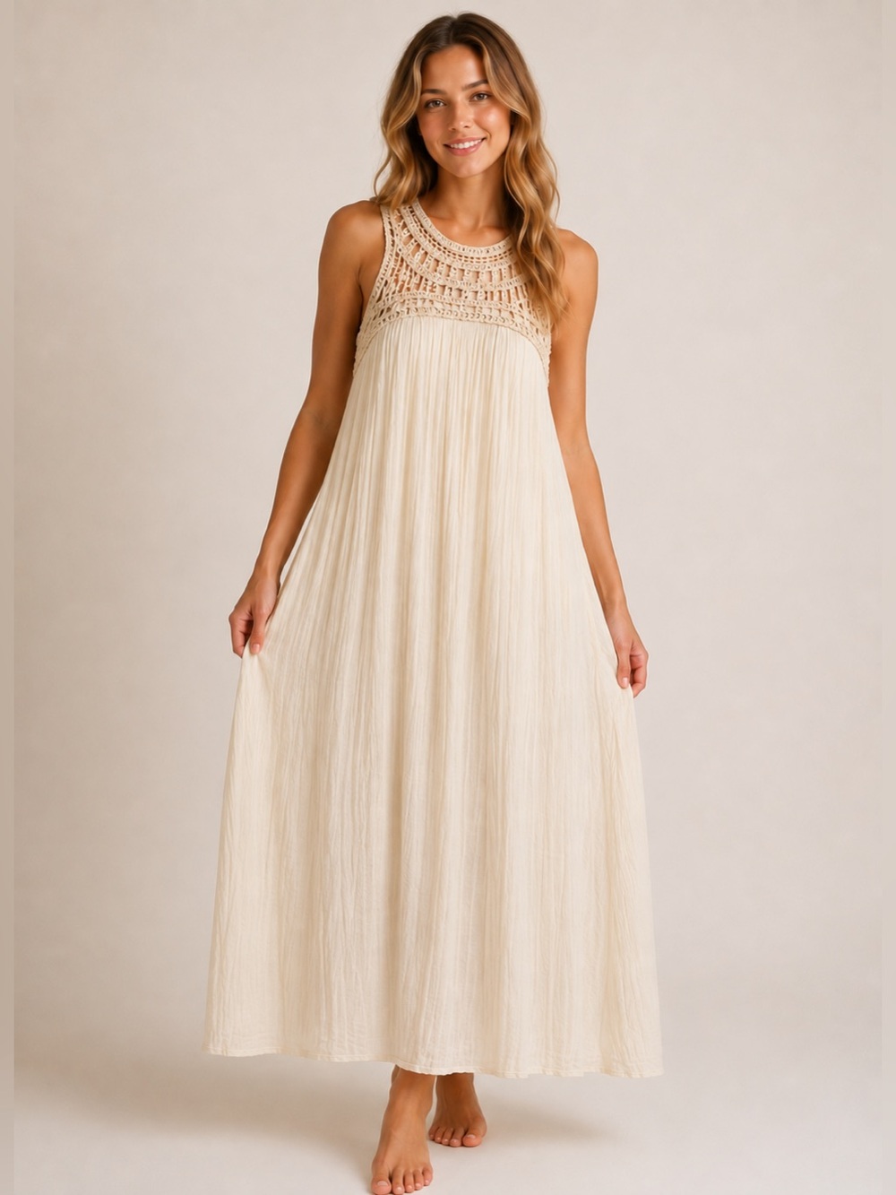 Chelsea & Violet Ivory Crochet Yoke Maxi Dress Boho Coastal